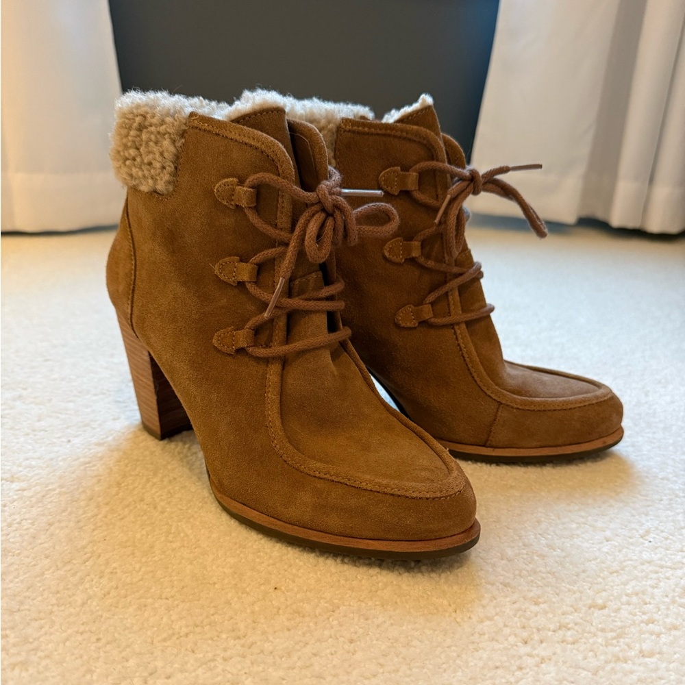 UGG Analise Suede Lace Up Ankle Bootie Stacked‎ Heel Shearling lined SZ  8.5